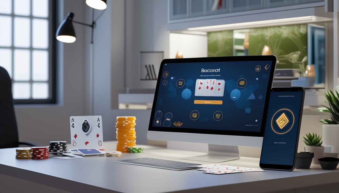 Seorang pemain baru sedang menggunakan komputer dengan tampilan permainan Baccarat online dan chip kasino di meja, menunjukkan suasana permainan dan bonus deposit.