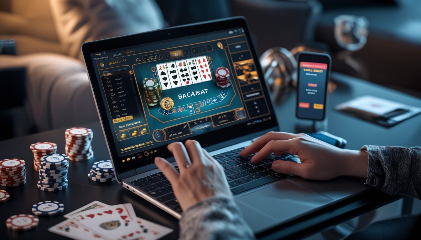 Seseorang sedang bermain permainan Baccarat online di laptop dengan chip kasino dan kartu di meja.