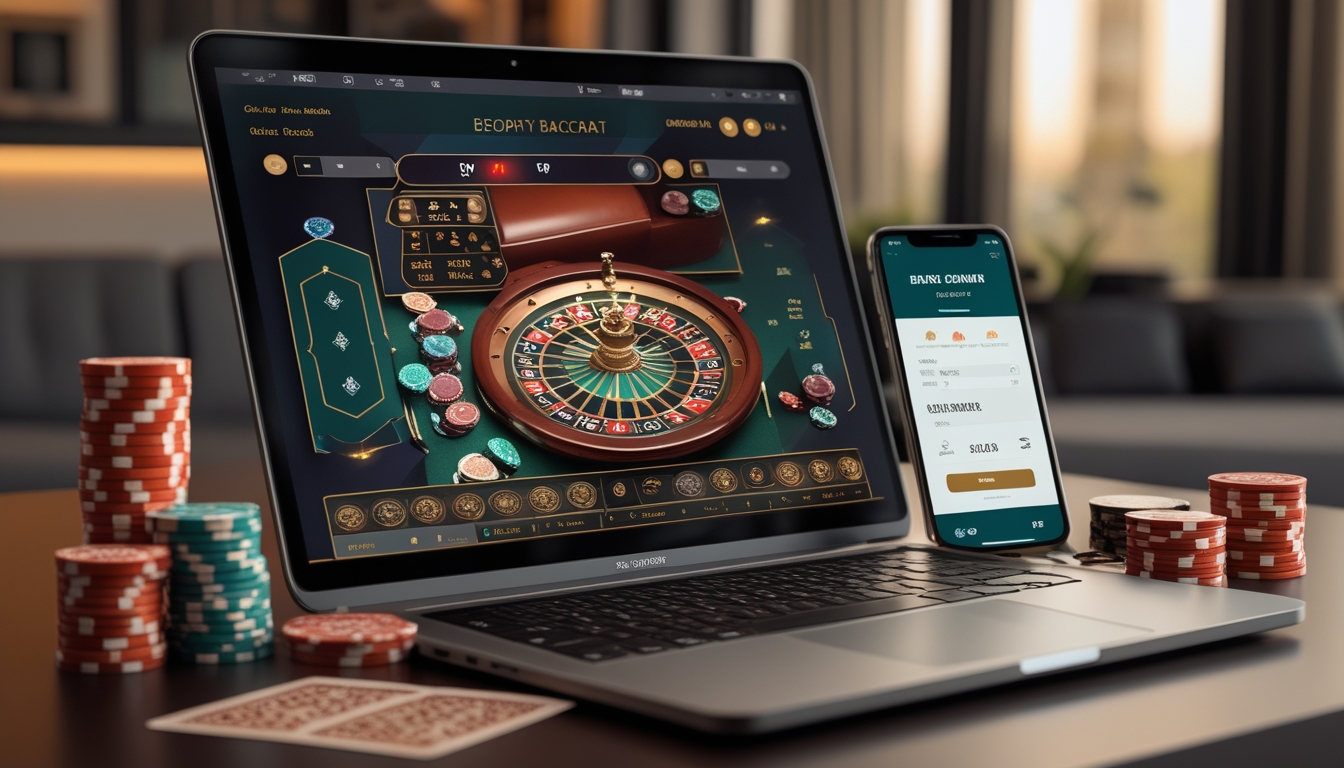 Sebuah meja dengan komputer menampilkan permainan baccarat online, dikelilingi chip kasino dan kartu remi, menunjukkan suasana bermain dan melakukan deposit bonus.