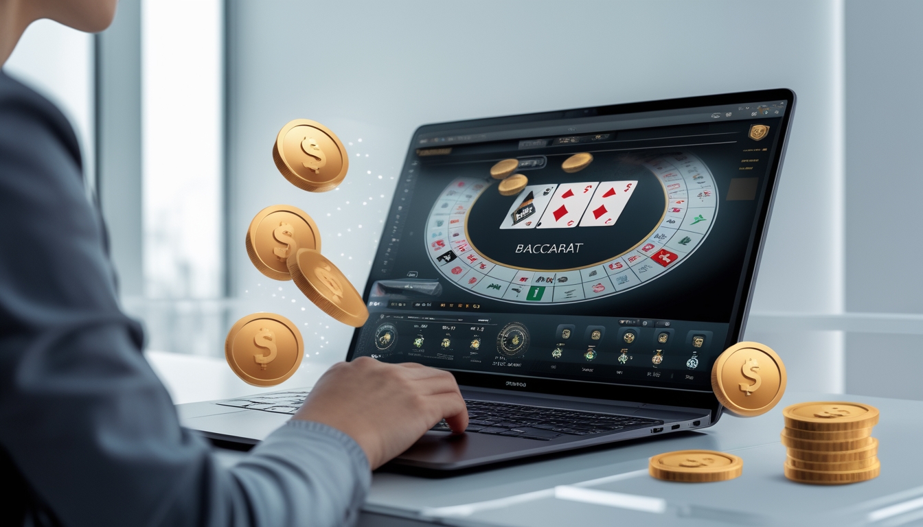 Seseorang sedang bermain baccarat online di depan komputer dengan chip dan kartu di layar, dikelilingi oleh simbol bonus dan uang.