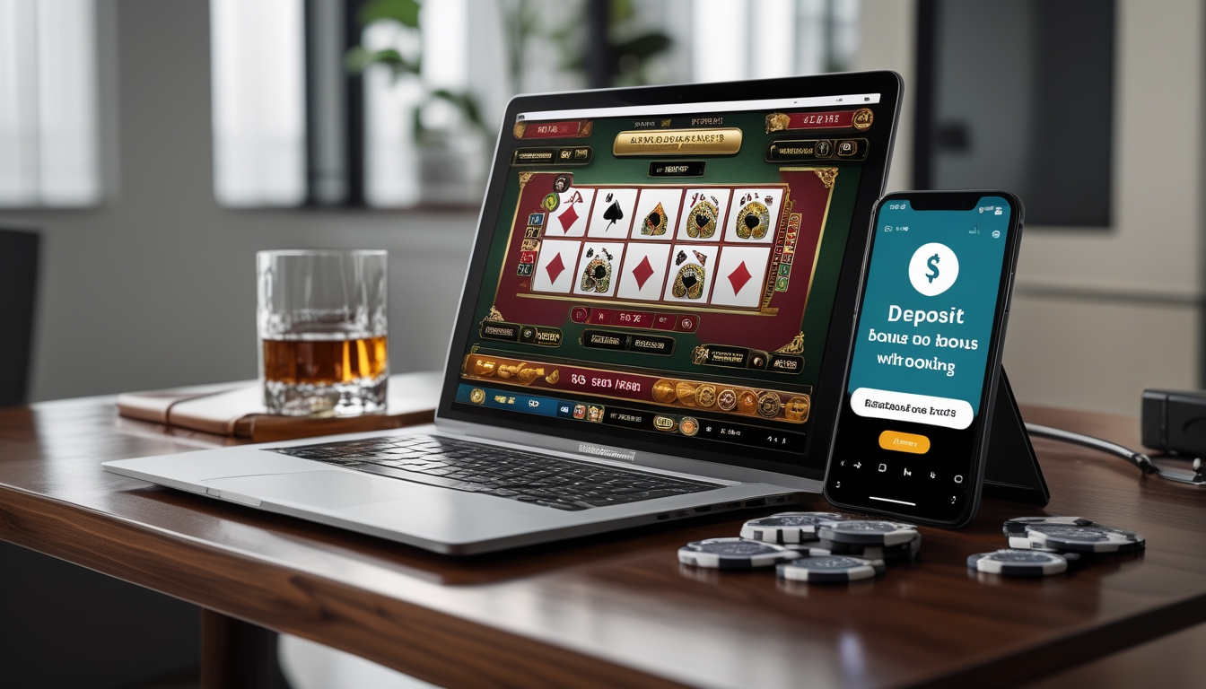 Seorang pria menggunakan laptop dan ponsel di meja kayu dengan tampilan permainan baccarat dan simbol bonus deposit yang mudah.