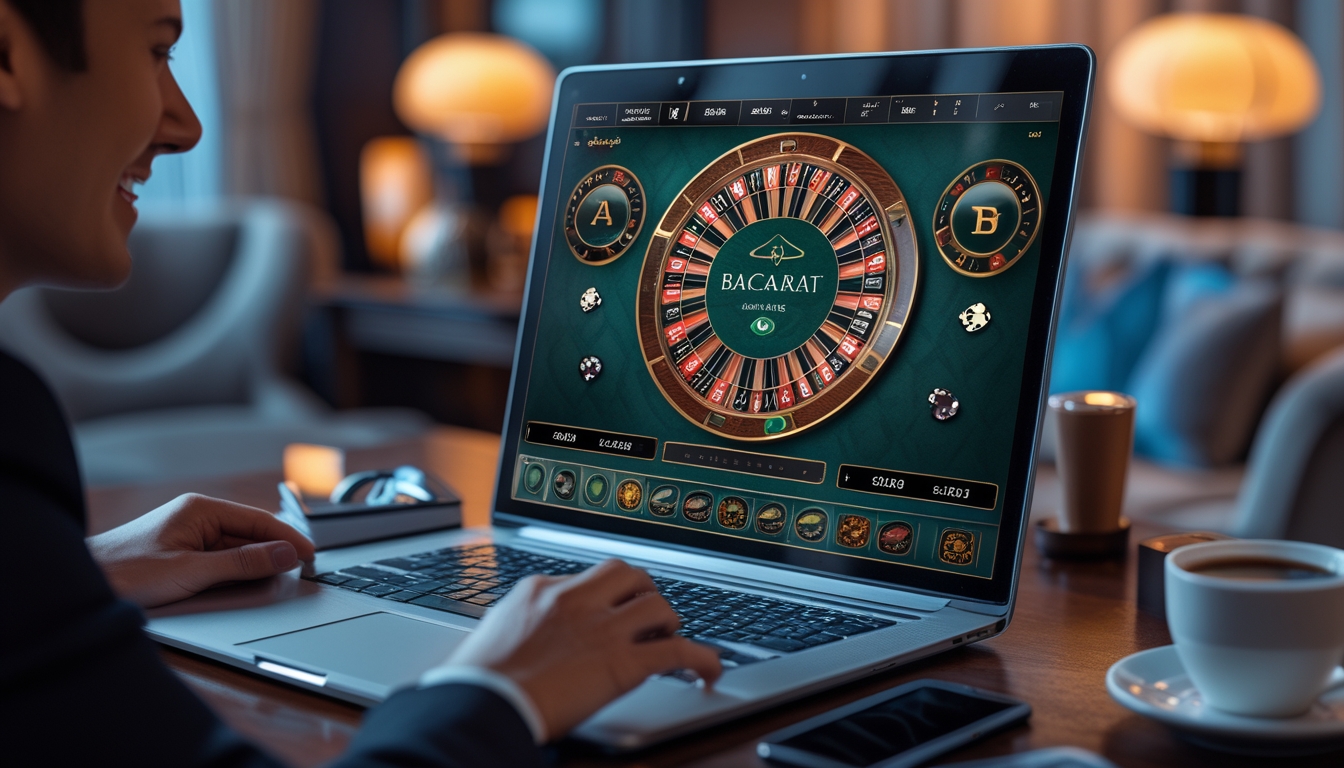 Seseorang yang antusias bermain permainan baccarat online di depan komputer dengan kartu dan chip terlihat di layar.