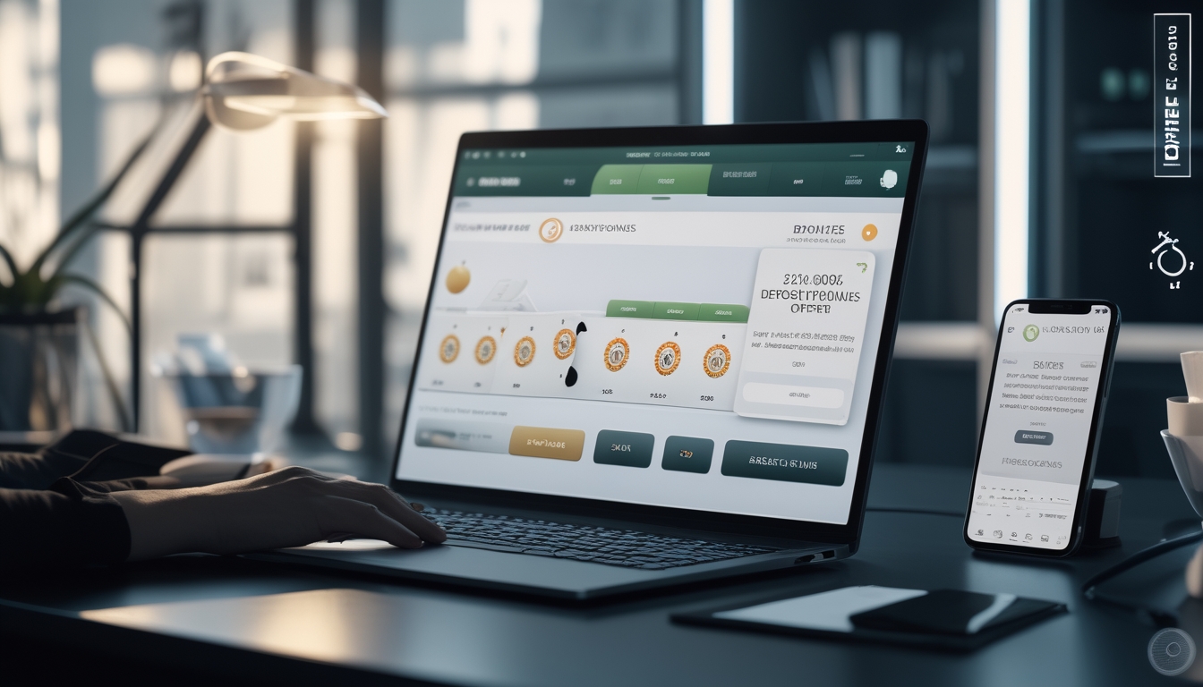 Seorang pemain sedang menggunakan laptop dan ponsel untuk bermain baccarat online dengan tampilan bonus deposit di layar.