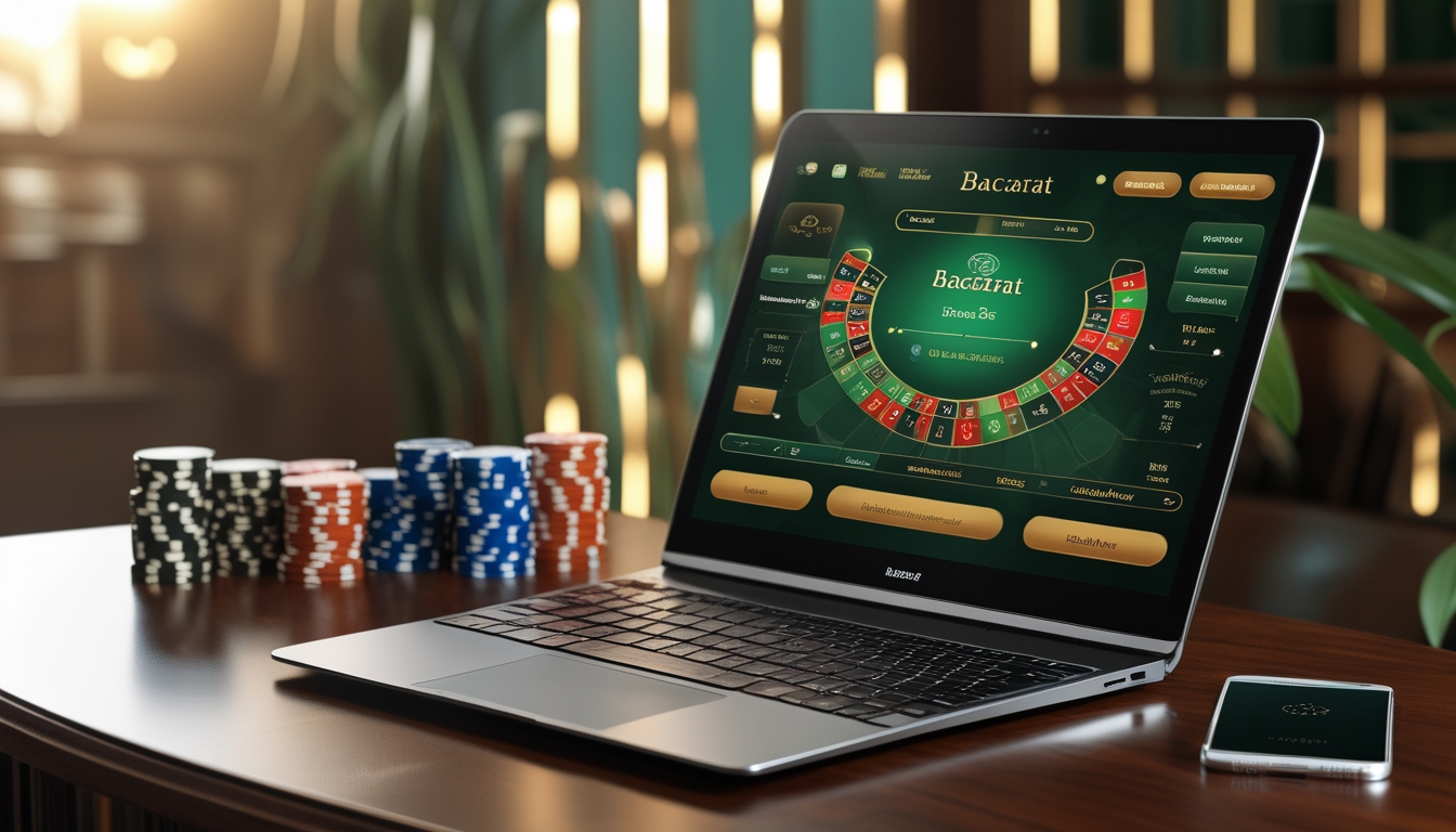 Sebuah meja dengan komputer dan kartu baccarat serta tumpukan chip poker, menampilkan suasana permainan baccarat online dengan perangkat modern dan pencahayaan hangat.