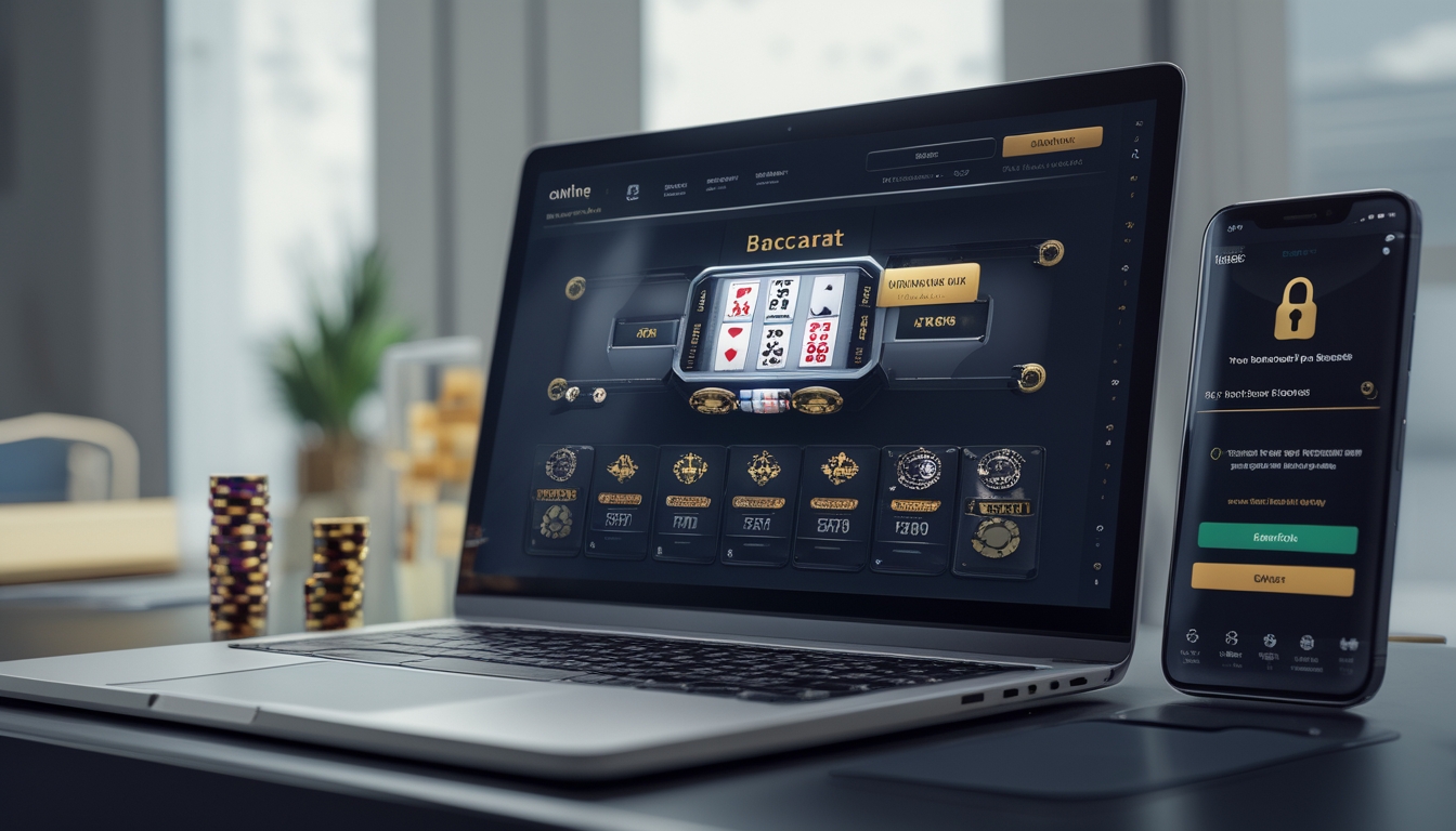 Seorang pengguna sedang bermain baccarat online di laptop dengan ponsel di samping yang menunjukkan notifikasi pembayaran cepat dan bonus.