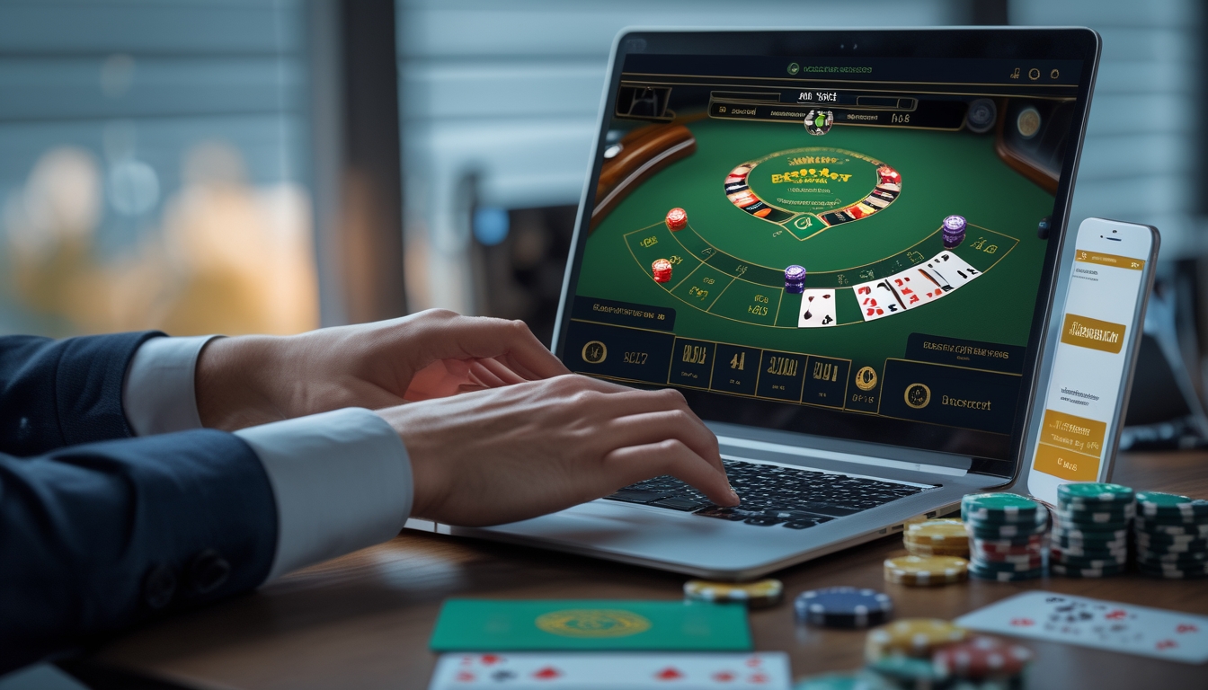 Seseorang menggunakan laptop dengan tampilan permainan baccarat online, dikelilingi oleh chip poker dan kartu remi di atas meja.