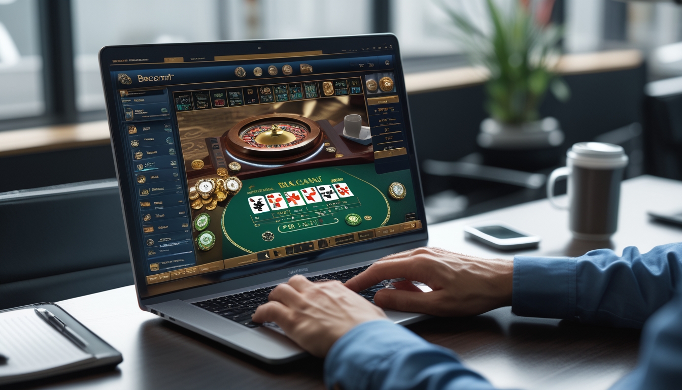 Seseorang menggunakan komputer dengan tampilan permainan Baccarat online dan chip taruhan di meja kerja.