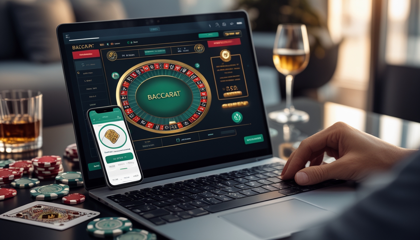 Sebuah meja dengan laptop menampilkan permainan baccarat online, chip kasino, kartu remi, dan ponsel dengan notifikasi bonus deposit di ruangan modern yang terang.