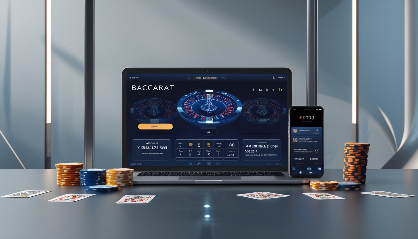 Sebuah laptop modern menampilkan permainan baccarat dengan kartu dan chip kasino di sekitarnya, serta ponsel yang menunjukkan notifikasi bonus.