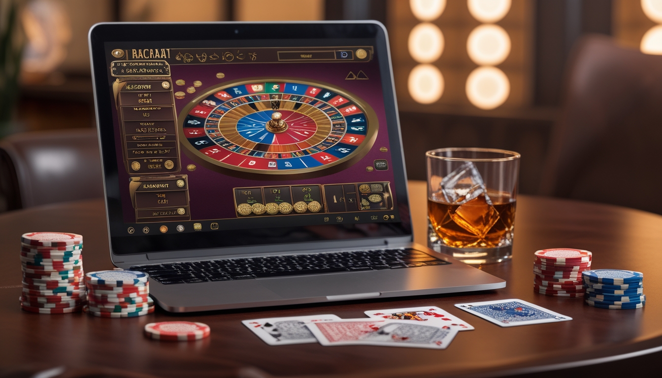 Seorang pemain berjudi online dengan laptop yang menampilkan permainan Baccarat, dikelilingi oleh chip kasino dan kartu remi di atas meja kayu.