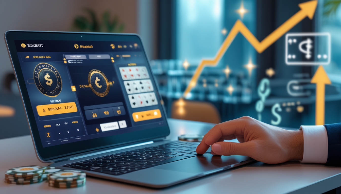 Seorang pemain menggunakan laptop untuk bermain baccarat online dengan chip virtual di layar dan ikon bonus yang bersinar di latar belakang.