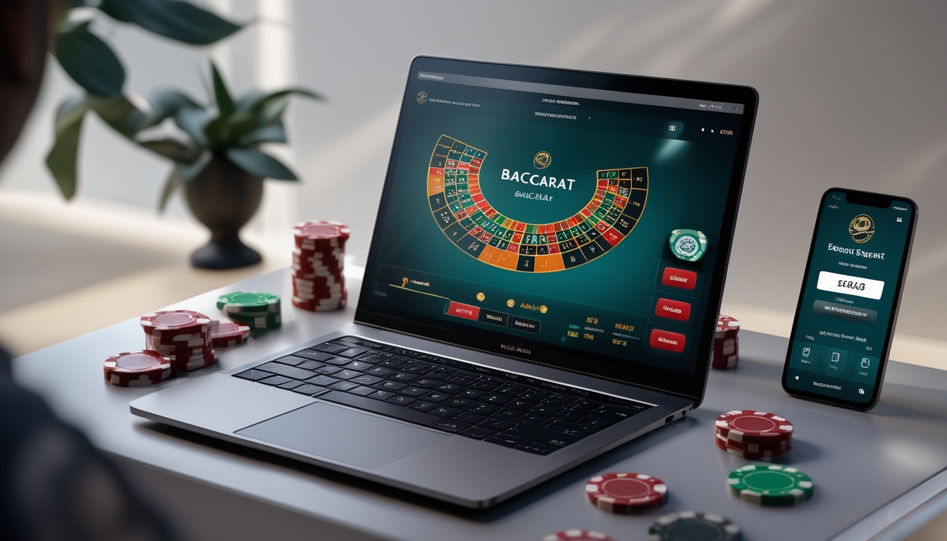 Seorang pria menggunakan laptop dengan tampilan permainan baccarat online, di meja terdapat kartu remi dan chip kasino, serta ponsel yang menunjukkan notifikasi bonus deposit.