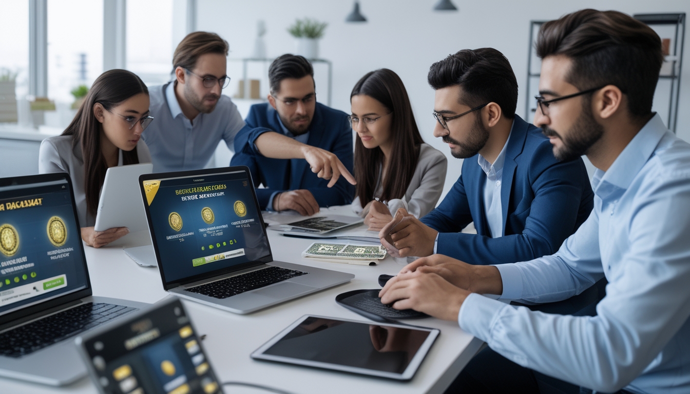 Sekelompok profesional muda sedang berdiskusi dan melihat layar komputer yang menampilkan permainan baccarat online di sebuah kantor modern.
