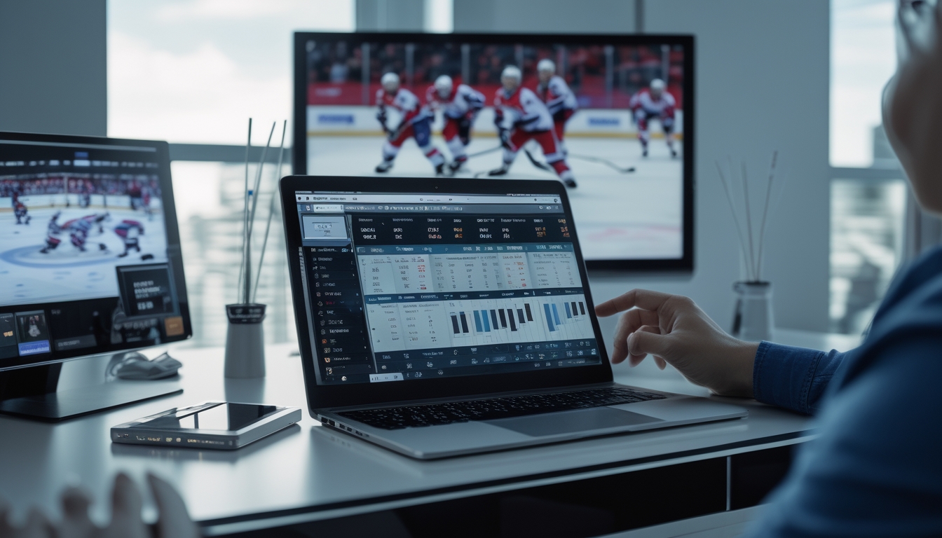 Seorang pria menggunakan laptop dan tablet dengan tampilan statistik dan pertandingan hoki es NHL di layar, di latar belakang televisi menampilkan pertandingan hoki es yang sedang berlangsung.