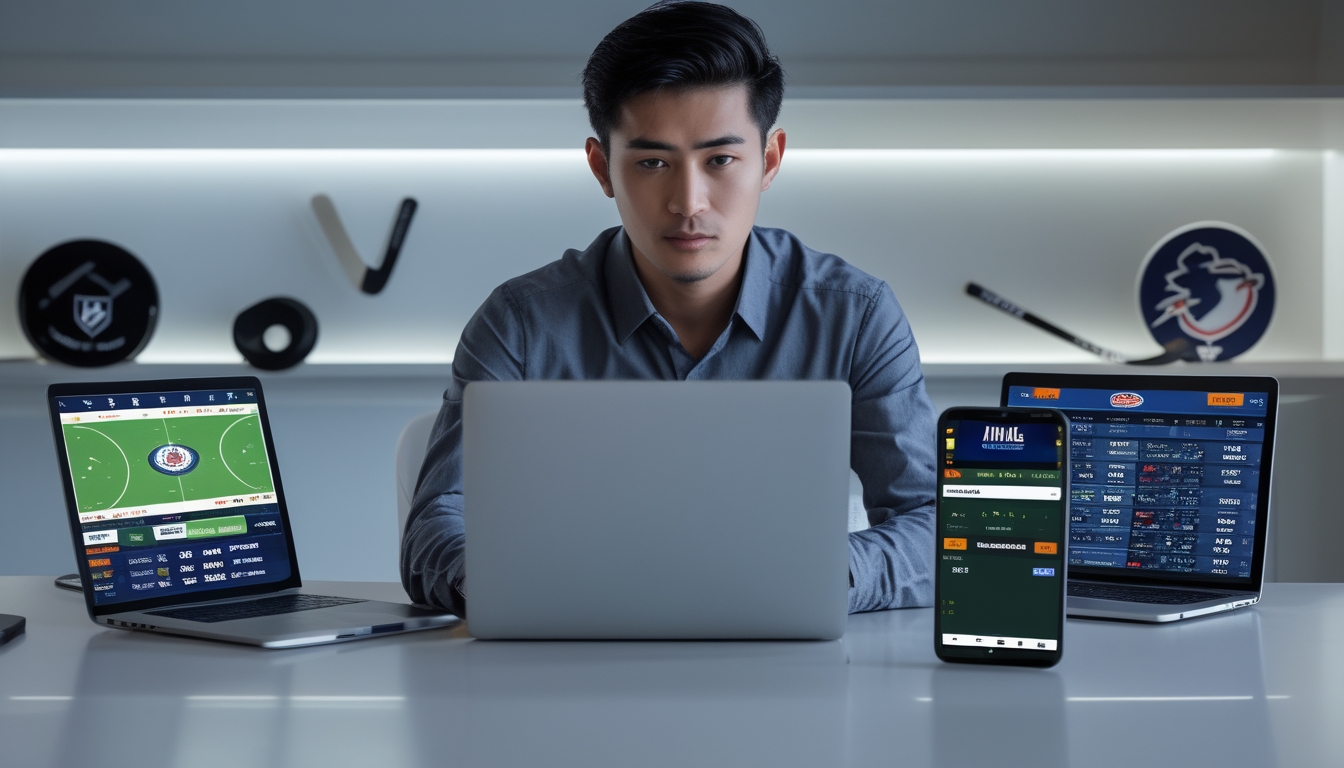 Seorang pria Indonesia duduk di meja dengan beberapa perangkat digital yang menampilkan pertandingan hoki NHL dan peluang taruhan.