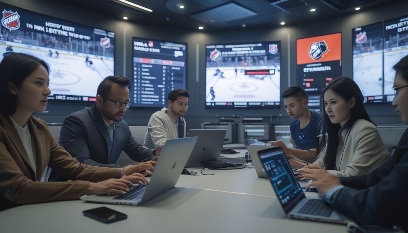 Orang-orang sedang menggunakan perangkat digital untuk memasang taruhan pada pertandingan hoki es NHL dengan layar besar menampilkan statistik dan permainan langsung.