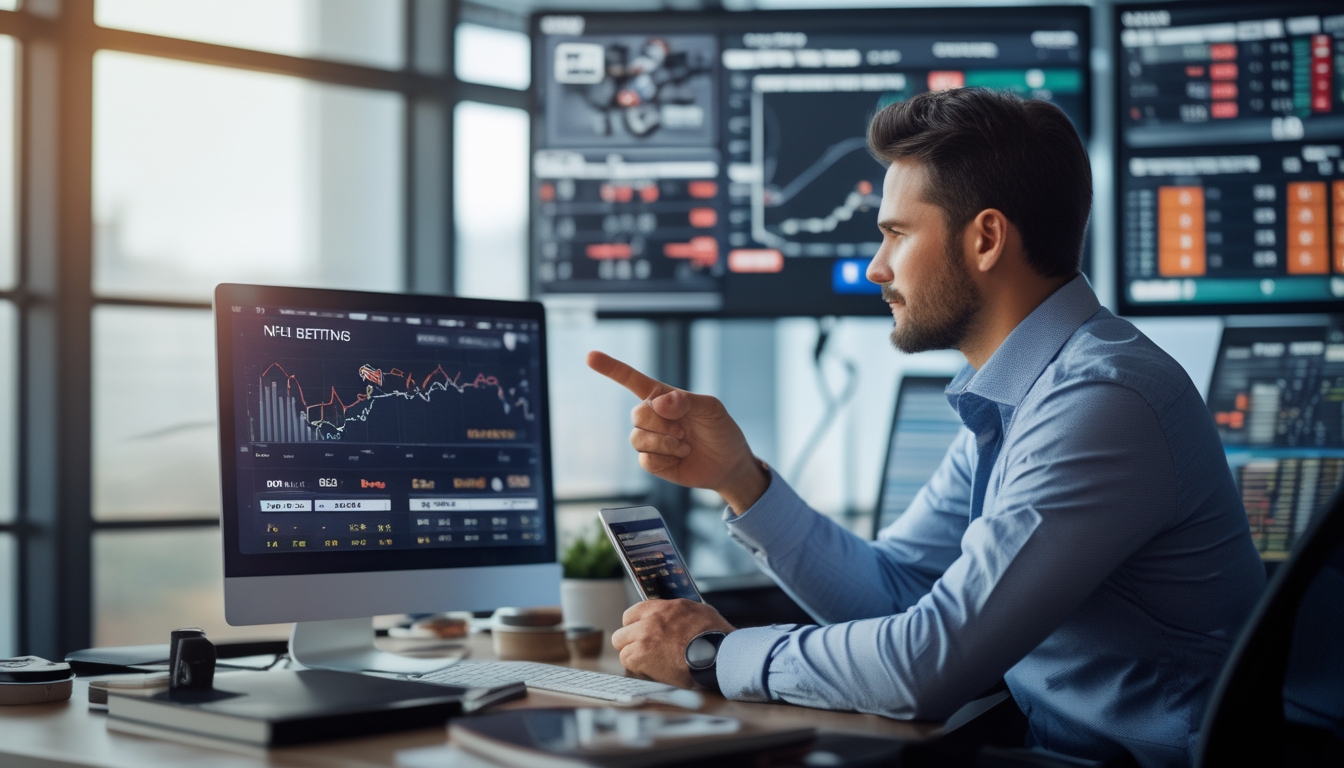 Seorang pria sedang menganalisis data taruhan NHL di beberapa layar komputer di kantor modern.