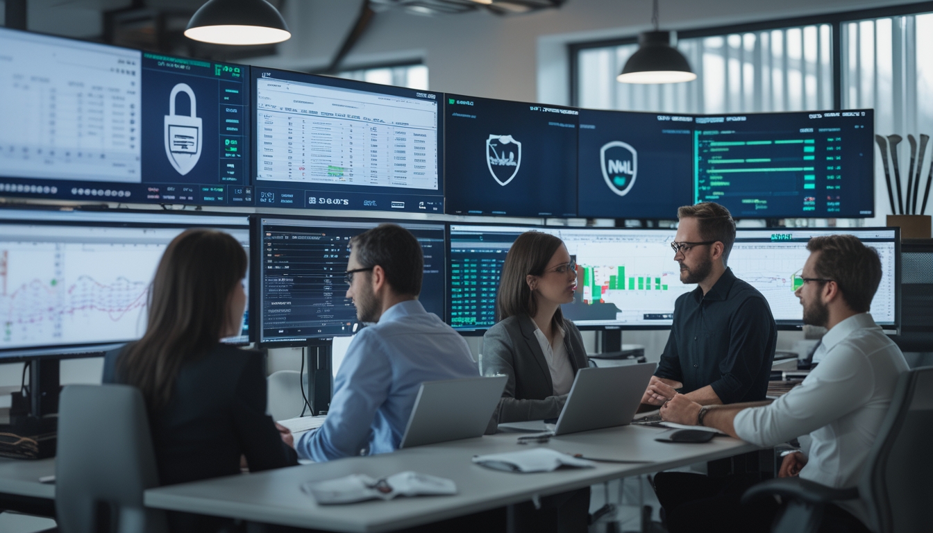 Sekelompok profesional sedang menganalisis data taruhan NHL di kantor modern dengan layar komputer yang menampilkan grafik dan simbol keamanan.