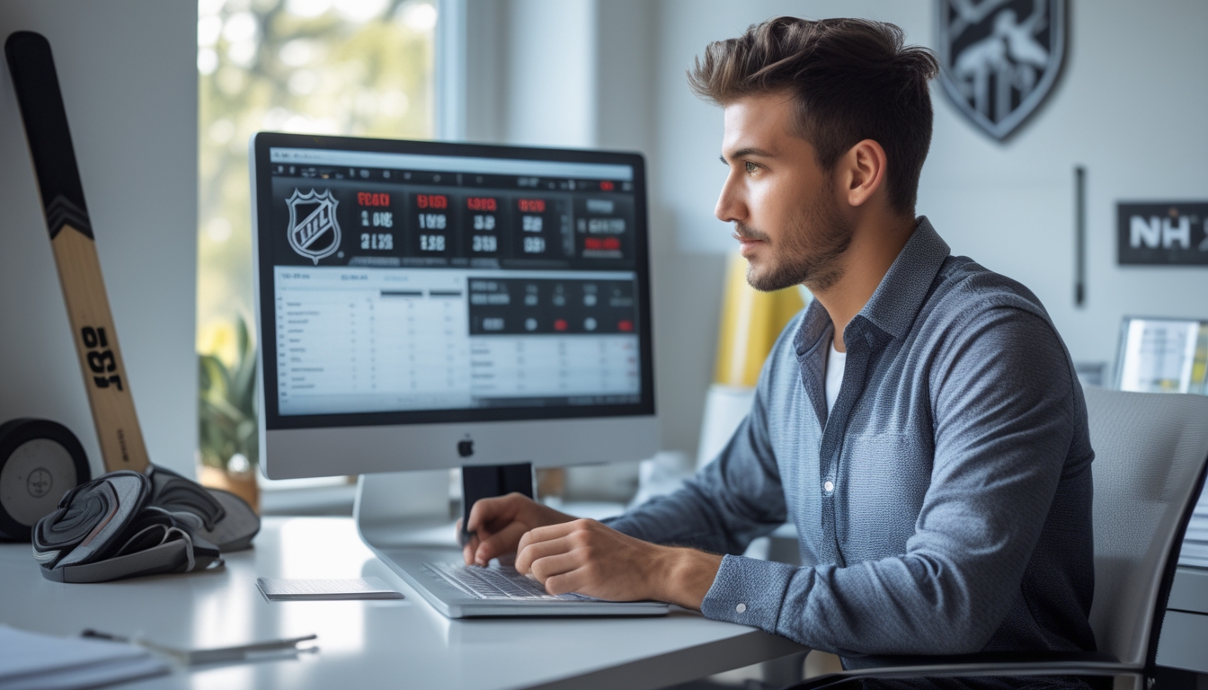 Seorang pria muda duduk di meja kerja dengan laptop, menganalisis statistik dan peluang taruhan NHL di ruangan yang terang dengan perlengkapan hoki di latar belakang.