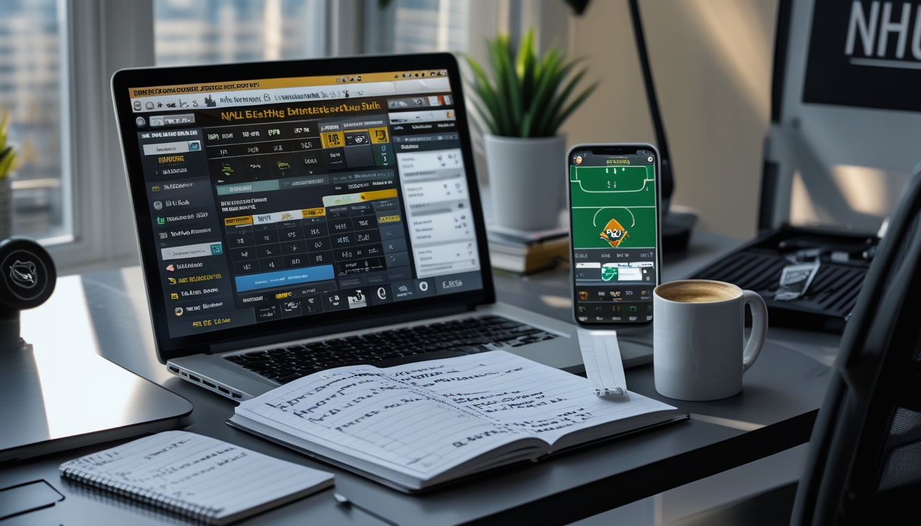 Meja kerja dengan laptop yang menampilkan statistik dan peluang taruhan NHL, notepad dengan catatan strategi, ponsel yang menayangkan pertandingan NHL, dan cangkir kopi di dekat jendela dengan cahaya alami.