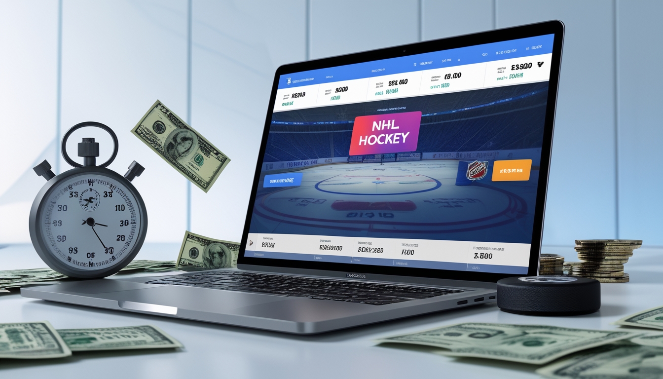 Seorang pria menggunakan laptop dengan tampilan taruhan olahraga hoki es NHL yang menampilkan angka odds tinggi dan simbol pembayaran cepat.