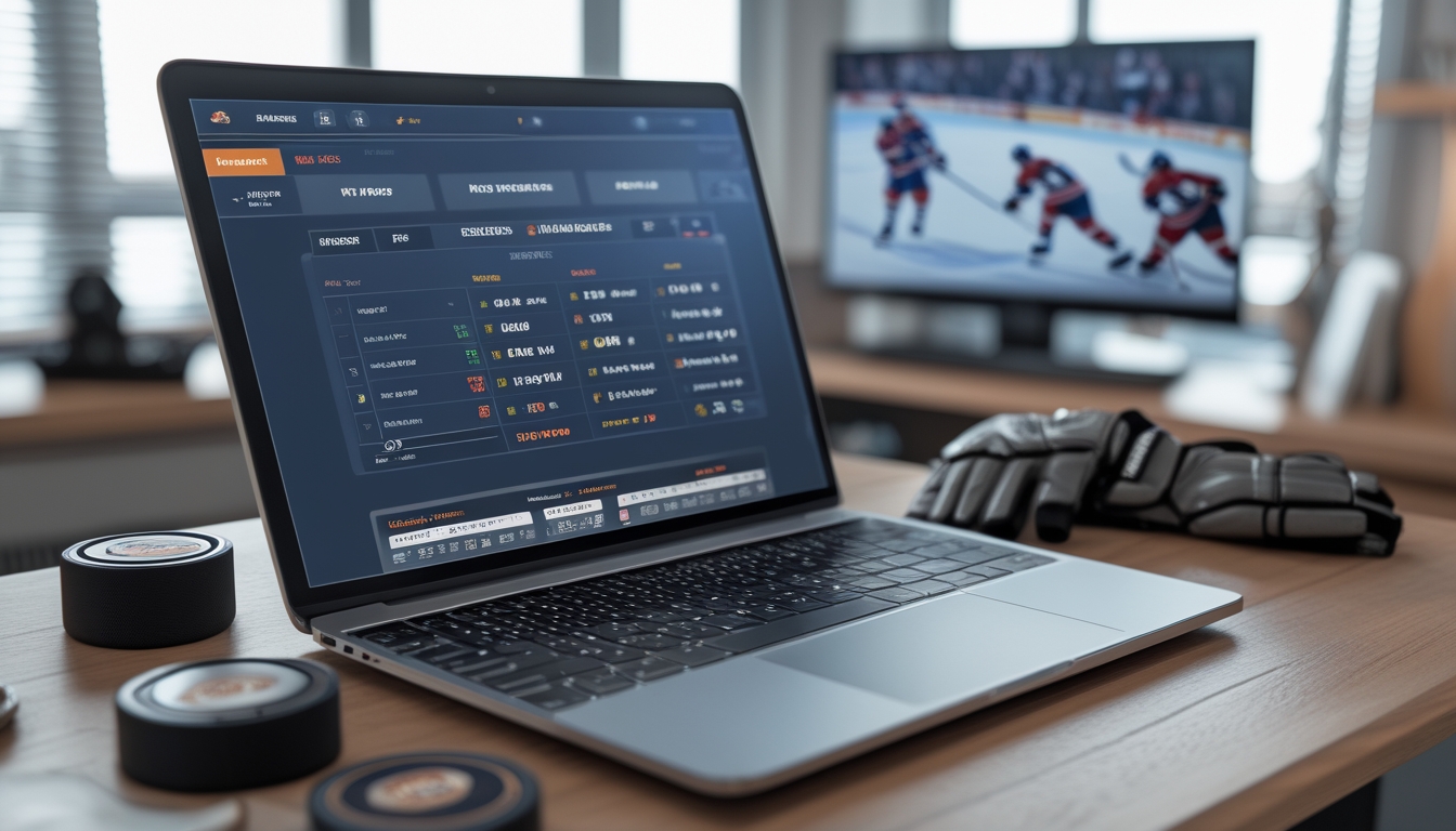 Seorang pria menggunakan komputer dengan layar menampilkan antarmuka taruhan olahraga, dikelilingi oleh perlengkapan hoki es, dengan pertandingan NHL yang sedang berlangsung di televisi di latar belakang.