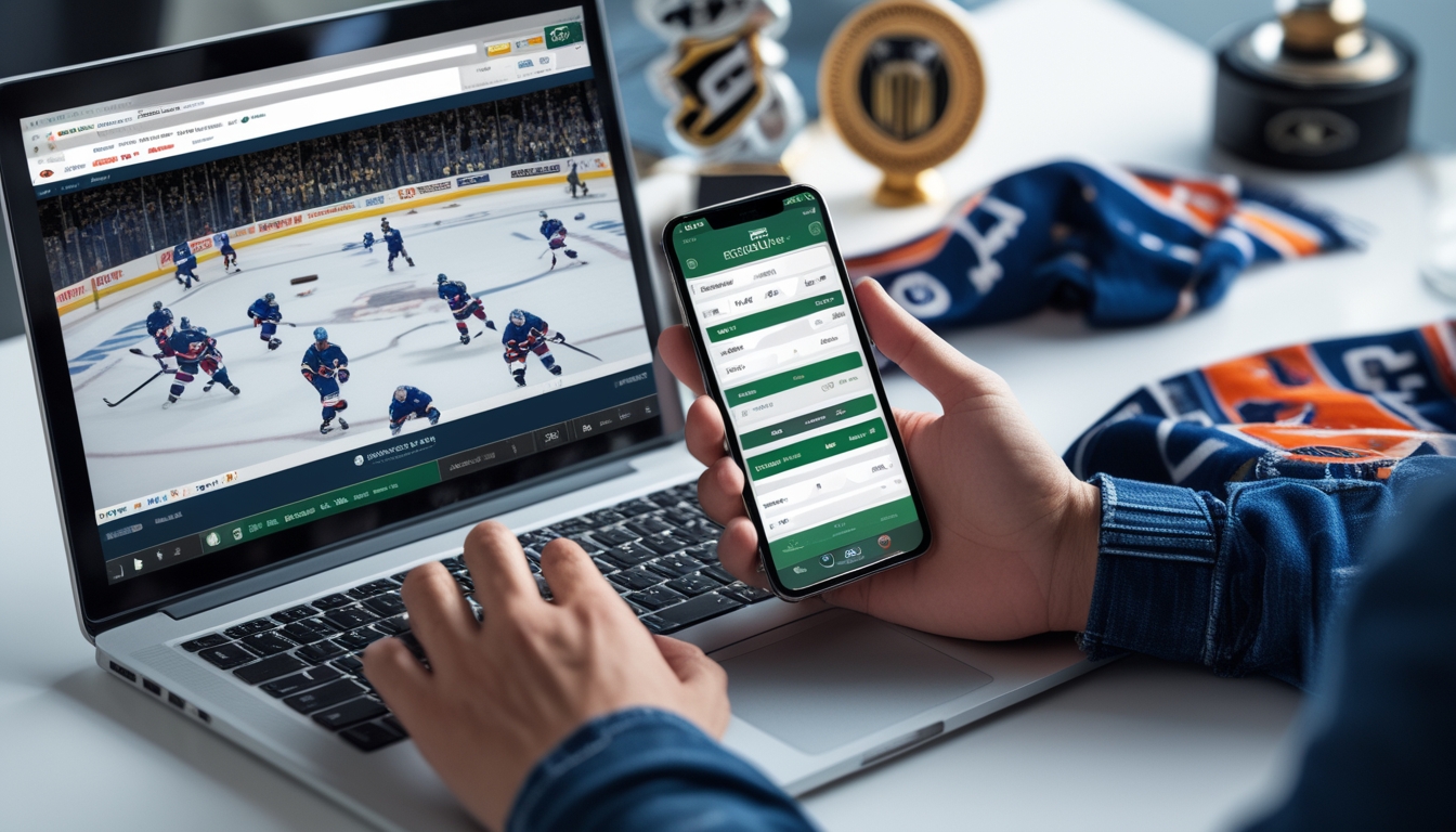 Seorang penggemar hoki menggunakan laptop dan ponsel untuk memasang taruhan NHL online di meja kerja dengan memorabilia hoki di sekitar.