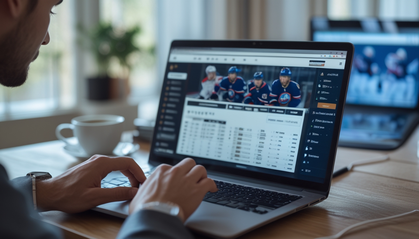 Seseorang menggunakan laptop untuk memasang taruhan online pada pertandingan hoki NHL di ruang tamu yang nyaman.