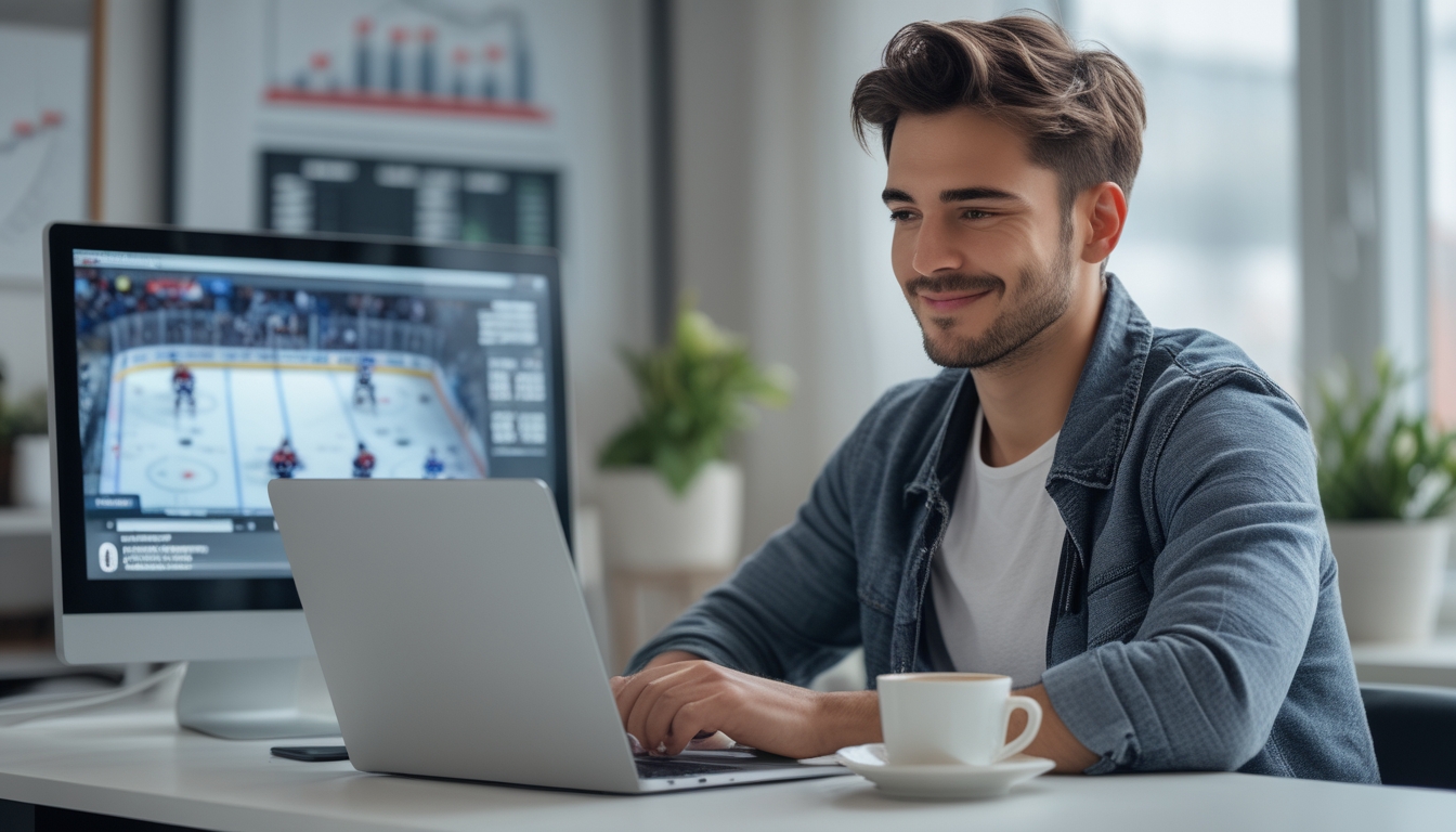 Seorang pria muda duduk di meja dengan laptop yang menampilkan pertandingan hoki, tampak fokus dan percaya diri dalam suasana yang nyaman dan aman.