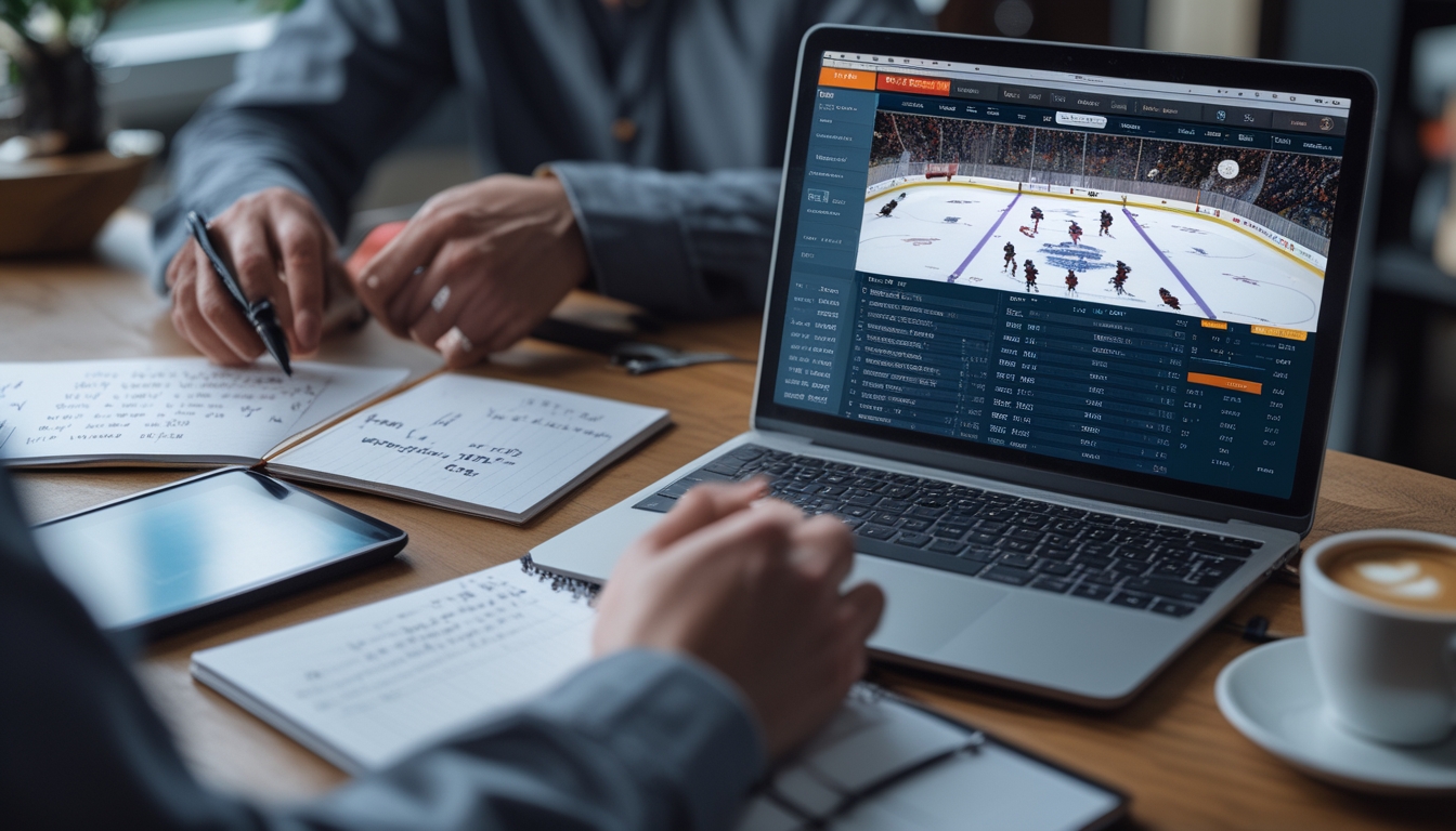 Seorang pria di meja kerja dengan laptop yang menampilkan pertandingan hoki NHL, notepad dengan perhitungan, dan tablet, menunjukkan aktivitas menganalisis taruhan hoki.