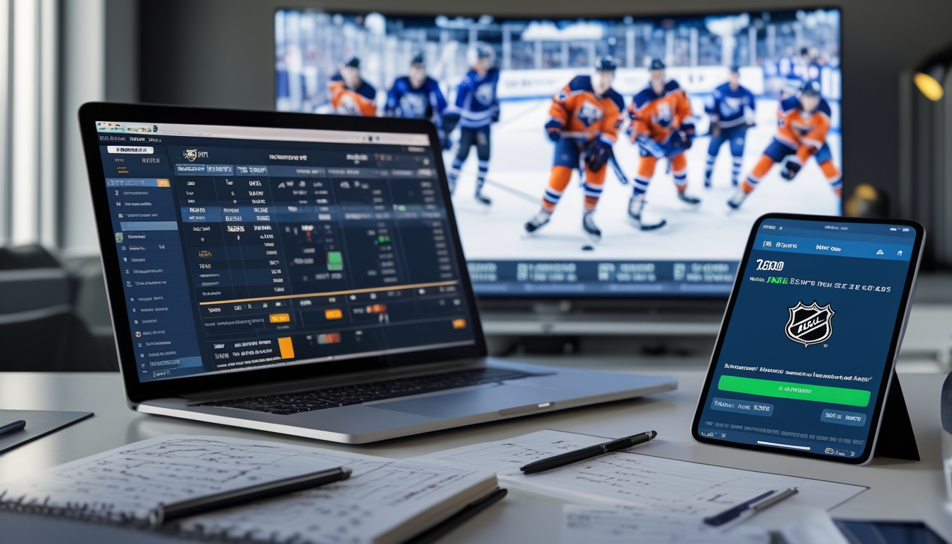 Meja kerja dengan laptop yang menampilkan statistik dan peluang taruhan NHL, notebook dengan catatan dan perhitungan, serta smartphone dengan aplikasi taruhan olahraga NHL, latar belakang televisi menunjukkan pertandingan hoki NHL yang sedang berlangsung.