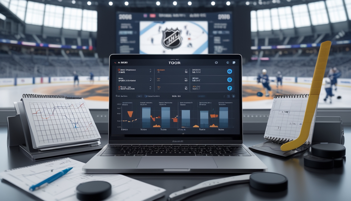 Meja kerja modern dengan laptop yang menampilkan statistik NHL dan peluang taruhan, serta perlengkapan hoki di sekitarnya dan layar besar yang menampilkan pertandingan hoki yang sedang berlangsung.