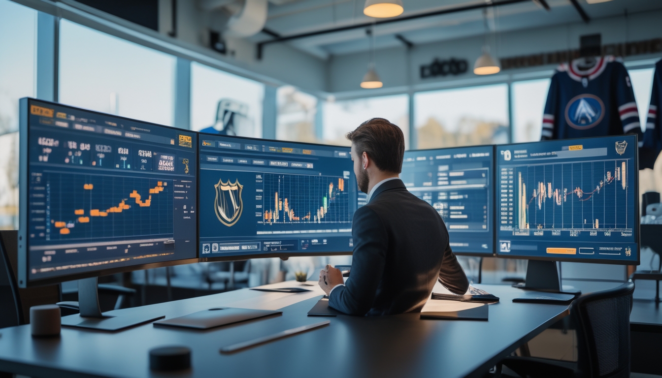 Seorang profesional sedang menganalisis data performa tim NHL tahun 2026 di sebuah meja kerja dengan beberapa monitor komputer yang menampilkan grafik dan statistik, dengan perlengkapan hoki di sekitar.