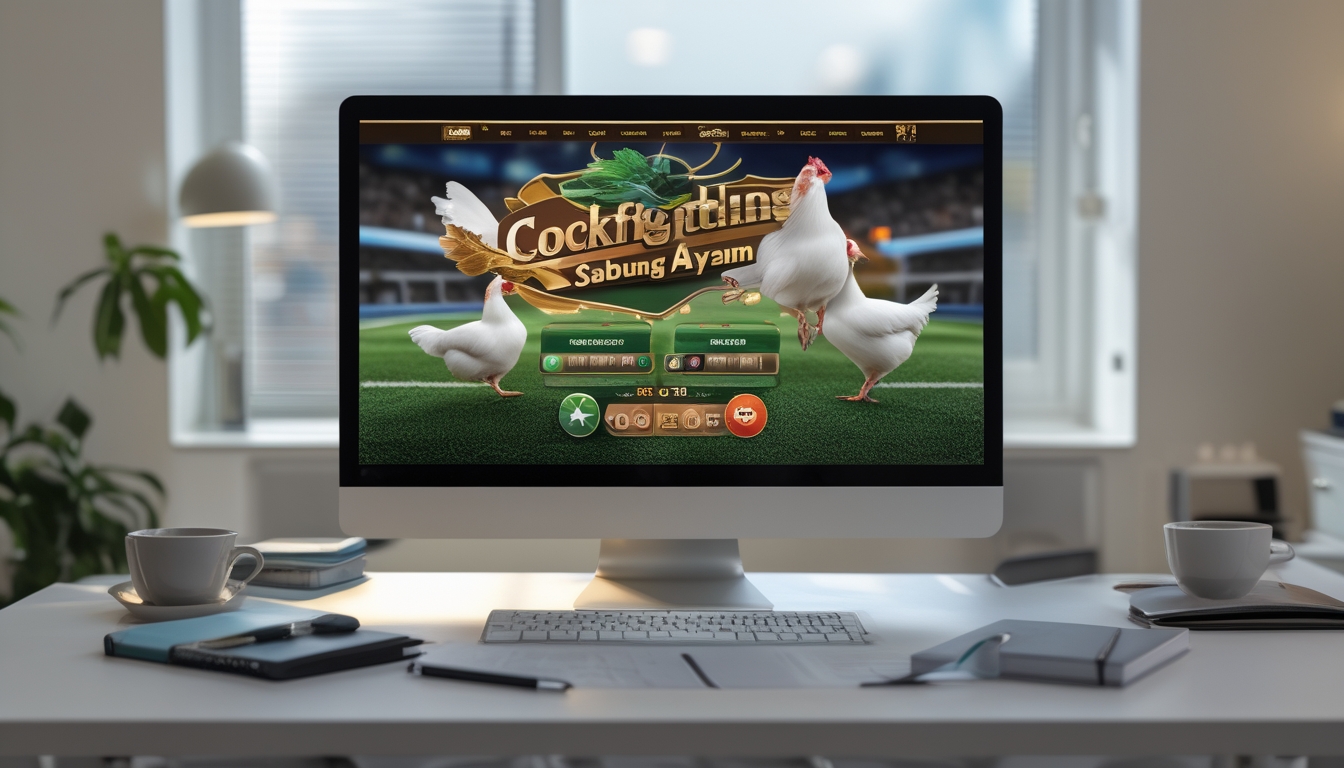 Layar komputer menampilkan situs taruhan sabung ayam dengan desain modern di meja kerja yang rapi.