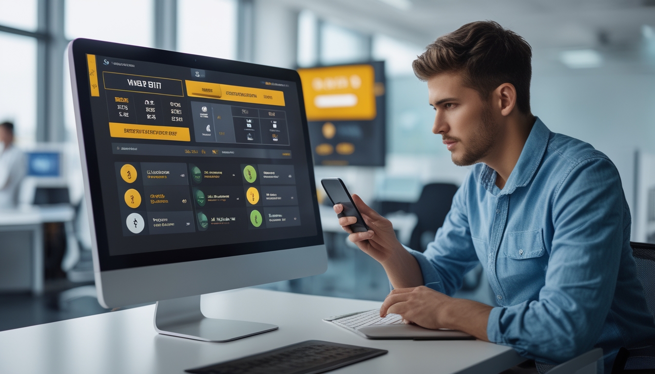 Seorang pria muda menggunakan laptop dan ponsel di kantor modern dengan layar komputer menampilkan platform taruhan online sabung ayam.