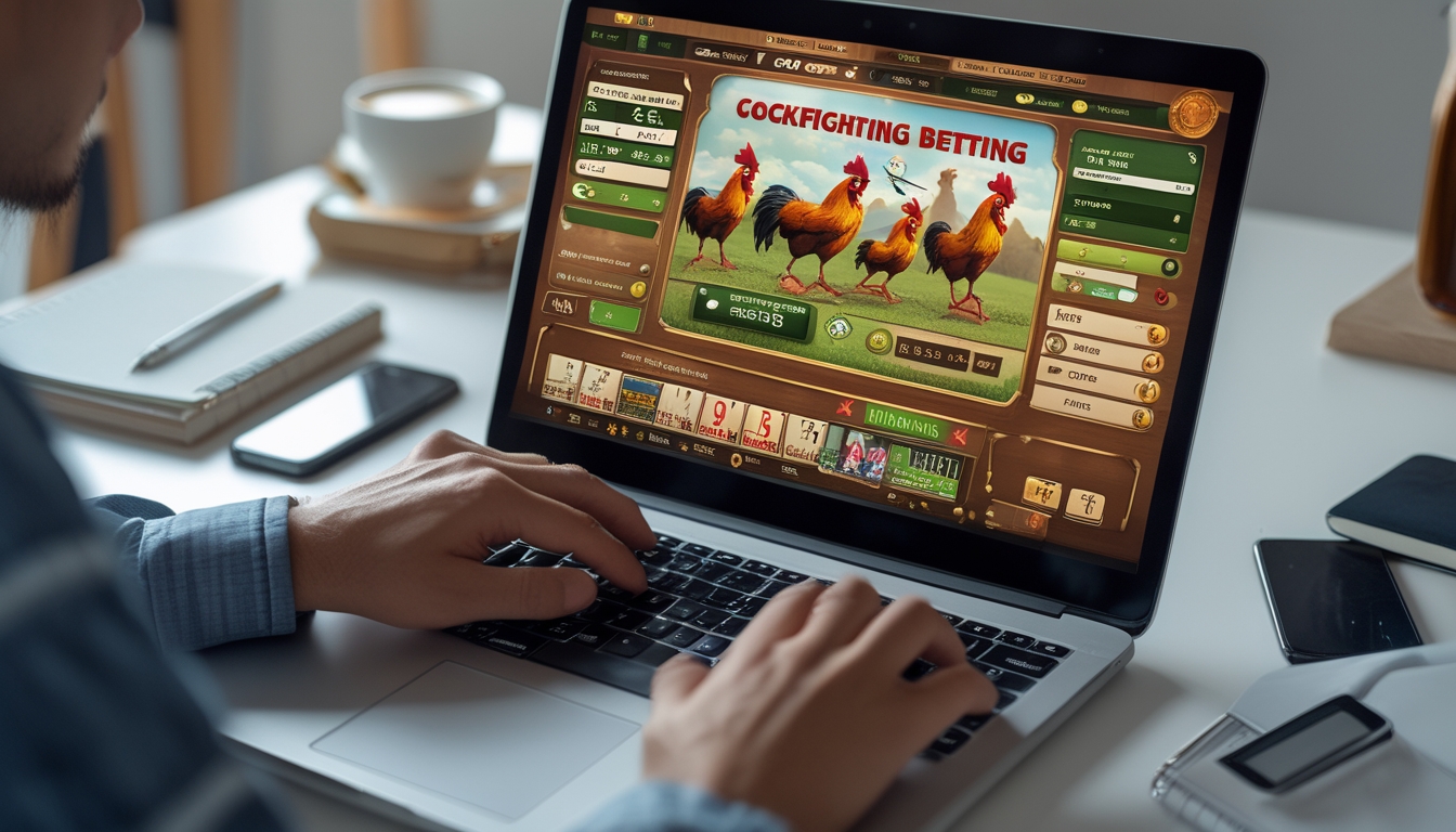 Seseorang menggunakan komputer dengan tampilan situs sabung ayam online di layar, di meja yang rapi dengan beberapa barang seperti kopi dan ponsel.