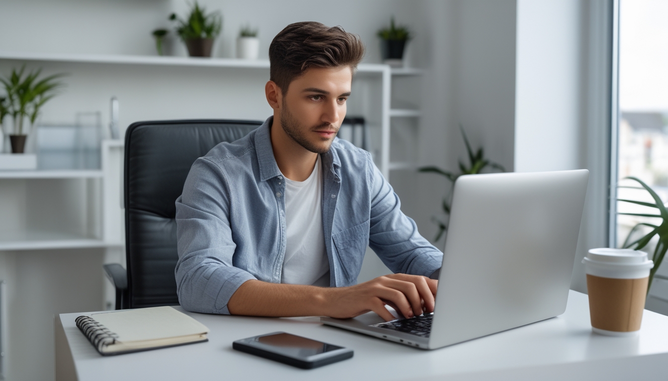 Seorang pria muda duduk di meja dengan laptop terbuka, fokus mendaftar di situs online, di ruang kerja rumah yang rapi dan terang.