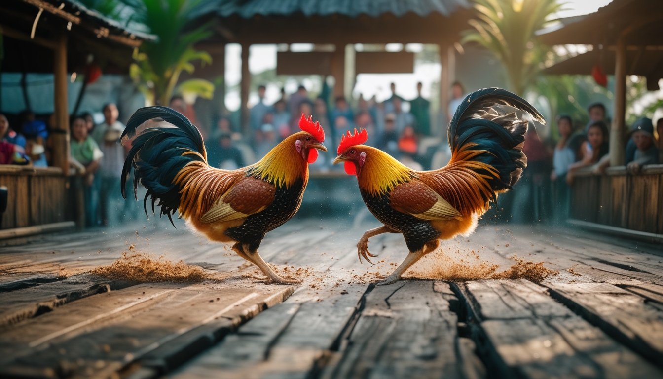 Dua ayam jago sedang bertarung di arena kayu dengan penonton di sekitarnya.