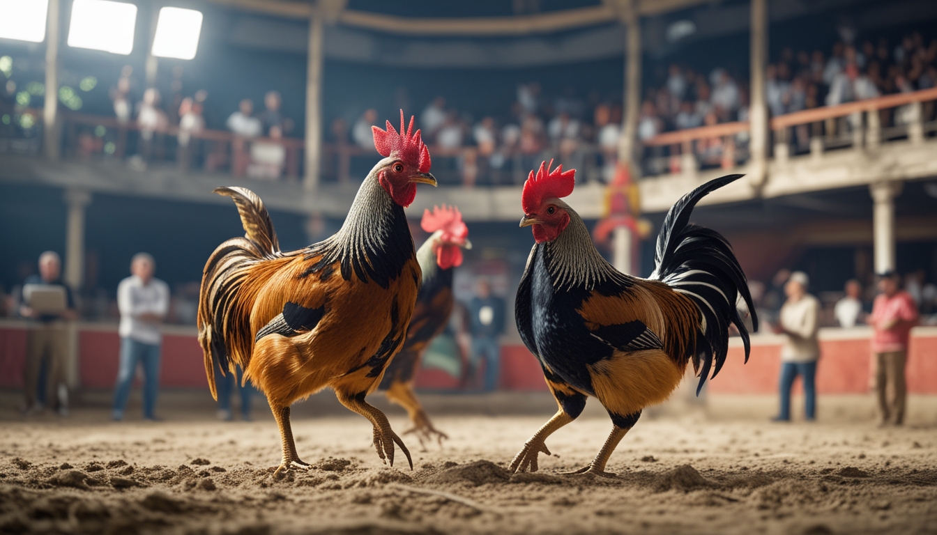 Arena sabung ayam dengan dua ayam aduan bertarung dan kerumunan penonton yang antusias, beberapa orang menggunakan ponsel dan laptop untuk bertaruh.