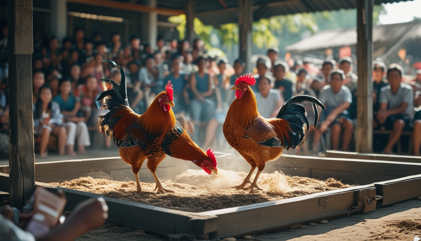 Dua ayam aduan bertarung di arena sabung ayam dengan penonton yang antusias di sekitarnya.