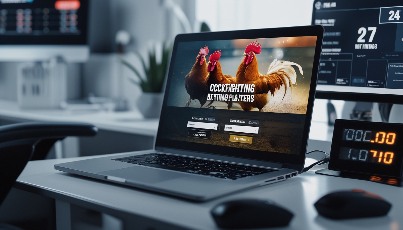 Seorang pengguna komputer dengan layar menampilkan situs taruhan ayam aduan online, di lingkungan ruang kerja yang rapi dan terang.