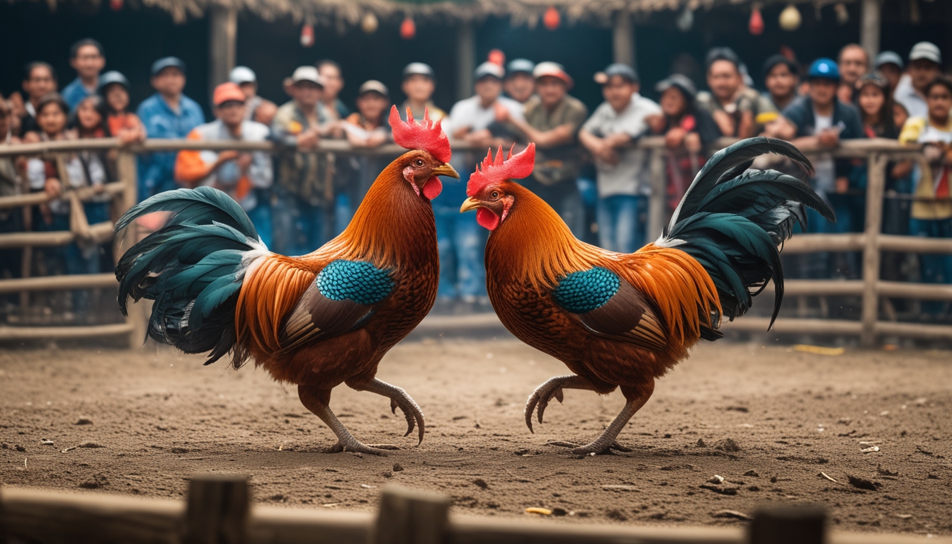 Dua ayam jago sedang bertarung di arena sabung ayam dengan penonton yang antusias menyaksikan di sekitarnya.