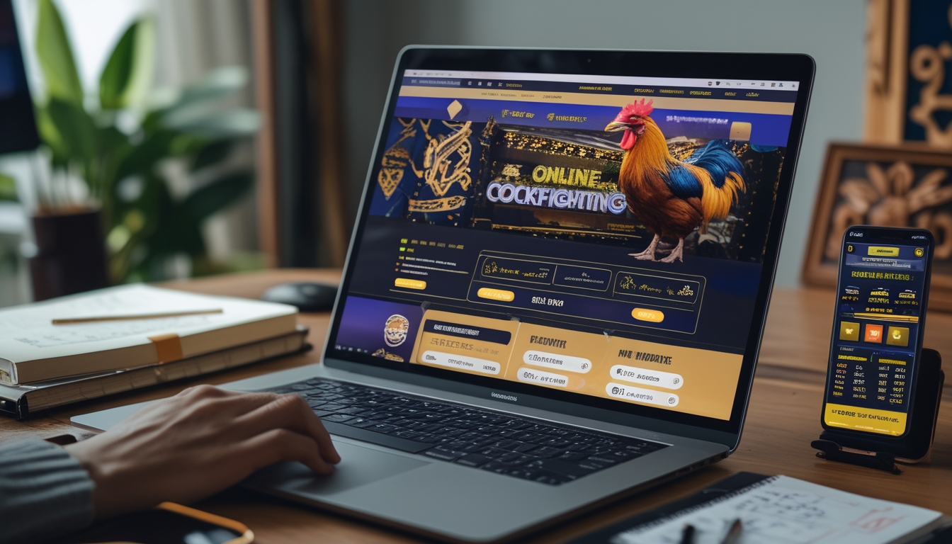 Seorang pria menggunakan laptop di meja kerja dengan layar menampilkan situs taruhan sabung ayam online, dikelilingi oleh buku catatan dan ponsel.