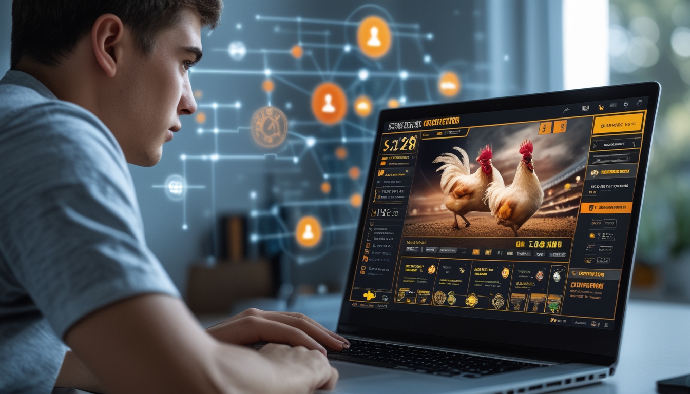 Seorang pria muda sedang menggunakan laptop di meja kerja modern, fokus pada layar yang menampilkan platform permainan sabung ayam online.