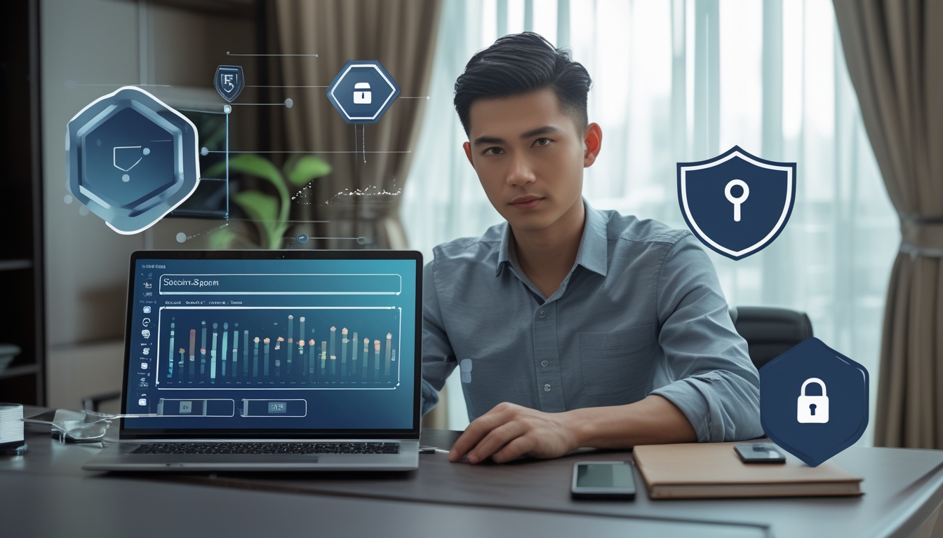 Seorang pria muda menggunakan laptop di ruang kerja yang terang, menunjukkan aktivitas taruhan online Sabung Ayam dengan suasana yang aman dan terpercaya.