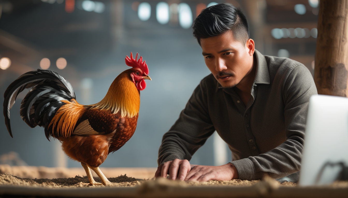 Seorang pria sedang memilih ayam jago dengan hati-hati di sebuah tempat tradisional, sambil menggunakan perangkat digital.