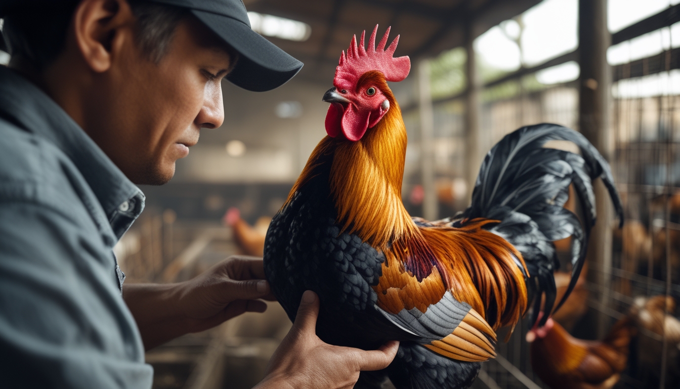 Seseorang sedang memeriksa dan memilih ayam jago berkualitas di pasar tradisional.