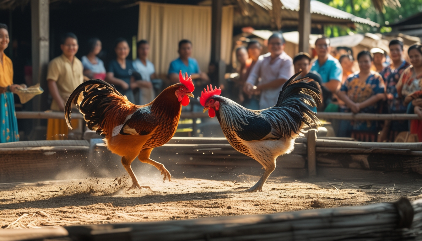 Dua ayam jago bertarung di arena kayu dengan penonton antusias mengamati dan memasang taruhan di sekitarnya.