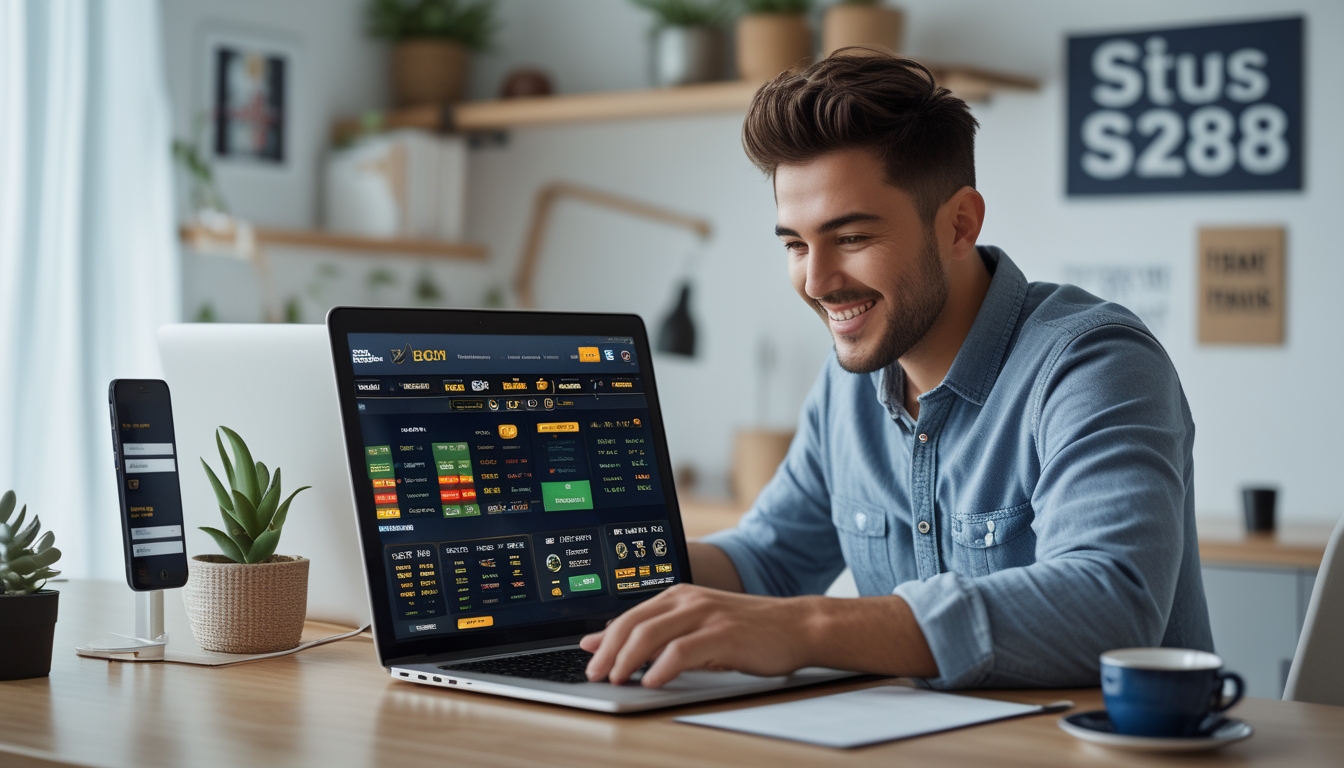 Seorang pria muda duduk di meja dengan laptop, terlihat fokus dan senang saat menggunakan platform taruhan online ayam jago di ruang kerja yang terang dan rapi.