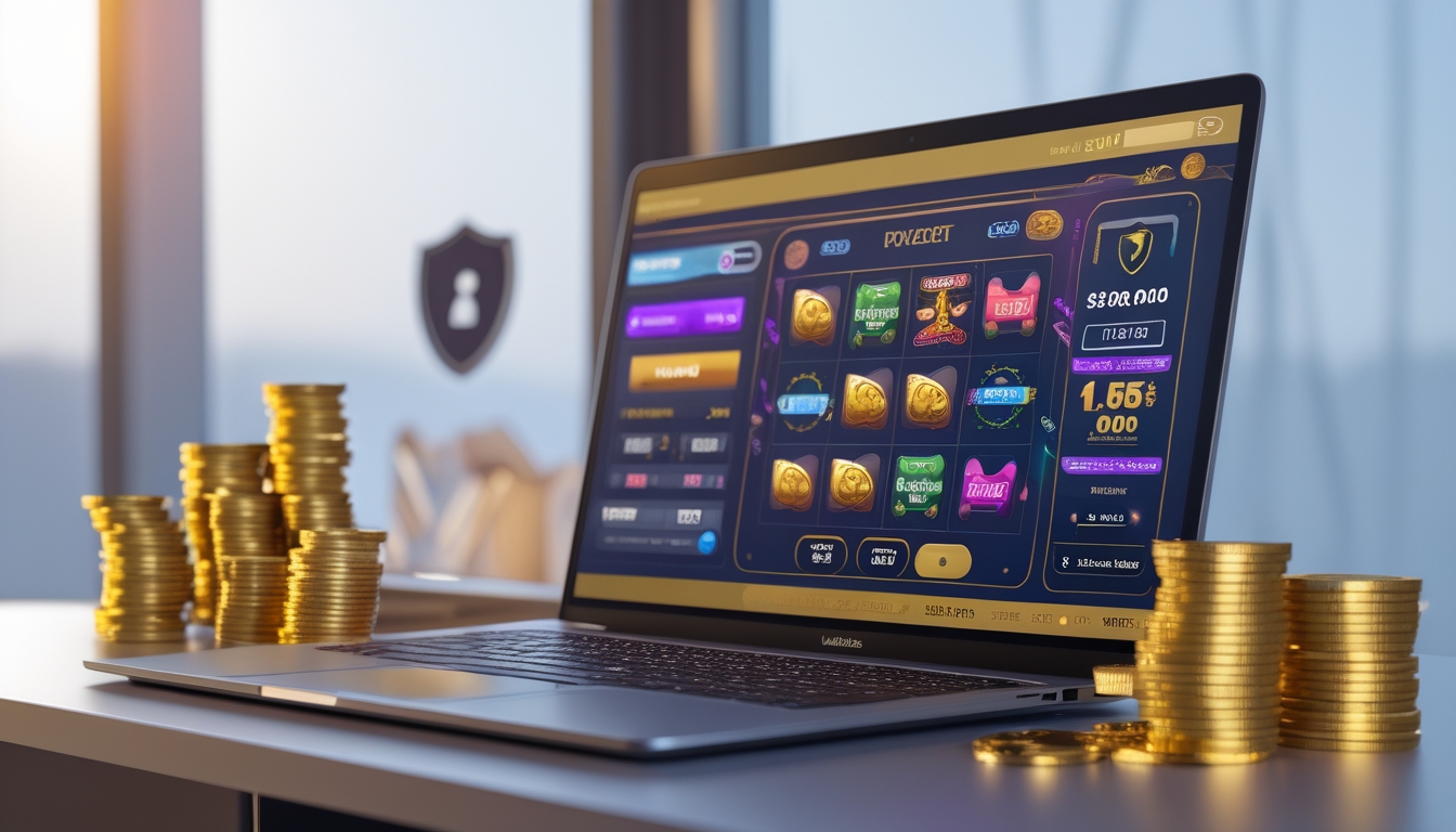 Seorang pengguna sedang bermain permainan slot online di komputer dengan simbol kemenangan dan ikon keamanan di sekitar layar.